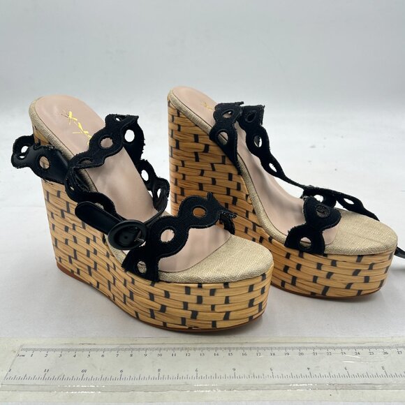 XYD Black Platform Eyelets Open Toe Espadrilles Wedge Heels Ankle Strap Sandal - Picture 4 of 8